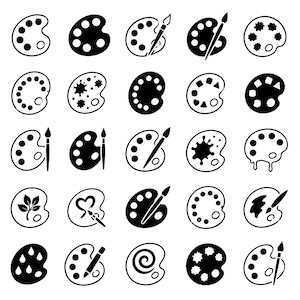以下が含まれることがあります： アーティストのペイントパレットを描いた25個の白黒アイコンのコレクション。塗りつぶされた黒いパレット、輪郭のみのパレット、絵筆、絵の具の飛び散り、幾何学模様、葉、ハート、渦巻きなどが描かれた様々なデザインが含まれています。