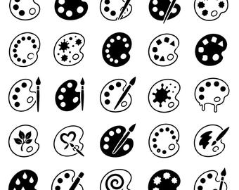 Paquete de iconos SVG de paleta de pintura: 25 diseños únicos de paleta de artista con contorno negro, líneas gruesas, fondo blanco, Cricut Silhouette, EPS DXF