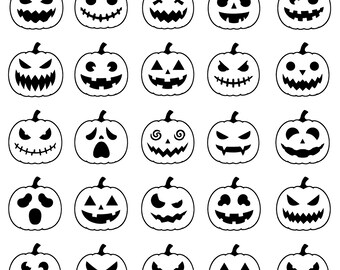 Halloween Pumpkin Faces SVG Bundle – 25 Unique Jack O Lantern Expression Icons, Black Outline Artwork, White Background, Cricut Silhouette