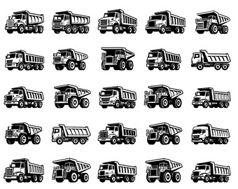 Big Wheel Truck SVG PNG Icons Bundle – 25 Unique Black Outline Monster Hauler Symbols, Bold Line Art, White Background, Cricut Silhouette