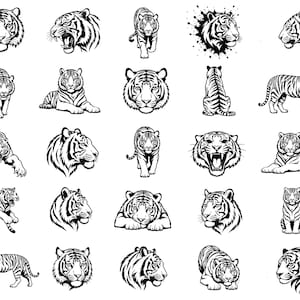 Puede incluir: Una colección de veinticinco ilustraciones de tigres en blanco y negro con diversas poses, incluyendo retratos de cabeza, cuerpos enteros caminando, sentados y agachados, mostrando patrones de rayas detallados y rasgos faciales expresivos.