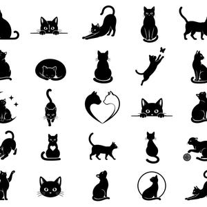 Puede incluir: Una colección de siluetas de gatos negros en varias poses. Las imágenes incluyen gatos sentados, estirándose, jugando y acurrucados. Algunos gatos se muestran con corazones, lunas y mariposas. Los diseños son simples y gráficos.