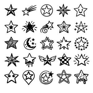Può includere: Una collezione di illustrazioni di stelle in bianco e nero in vari stili. I disegni includono stelle cadenti, stelle all'interno di cerchi e stelle con diversi motivi. Alcune stelle hanno facce sorridenti o effetti gocciolanti.