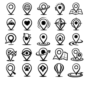 May include: A collection of black and white location pin icons, each with a unique design. The set includes pins with a globe, heart, mountain, home, and other symbols, suitable for maps and navigation.