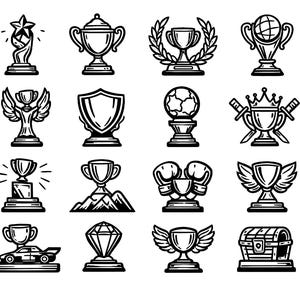 May include: A collection of twenty-four black and white line art icons depicting various trophies, awards, and achievement symbols, including cups, shields, stars, flames, boxing gloves, a treasure chest, and a game controller.