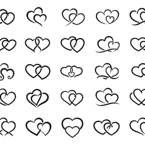 May include: A collection of twenty-five distinct black line art illustrations of interconnected hearts. Each icon features a unique arrangement of two hearts, showcasing various overlapping, looping, and swirling designs in a minimalist style.