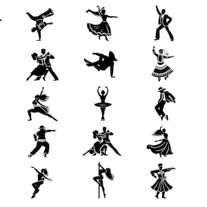 May include: A series of black silhouette illustrations depicting diverse dance styles, such as ballet, breakdancing, ballroom, and folk dance. The dancers are shown in dynamic poses, highlighting movement and energy. The image is set against a white background.
