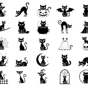 Puede incluir: Colección de ilustraciones de gatos negros en varias poses y diseños temáticos de Halloween. Los gatos se representan con sombreros de bruja, en escobas, en calabazas y con alas de murciélago. Las imágenes están en un estilo gráfico simple, ideal para Halloween.