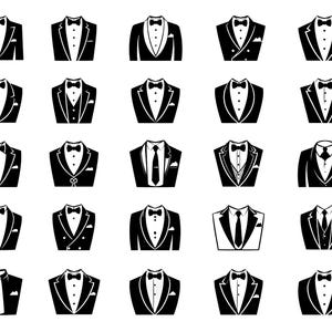 Puede incluir: Una colección de ilustraciones en blanco y negro de esmóquines. Los diseños incluyen estilos de un solo pecho, de doble pecho y chaleco, cada uno con pajarita o corbata. Adecuado para ropa formal o temas relacionados con eventos.
