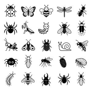 May include: A collection of twenty-five black and white icons featuring various insects and small creatures, including a ladybird, butterfly, bee, dragonfly, ant, spider, praying mantis, caterpillar, fly, beetle, grasshopper, moth, snail, and centipede.
