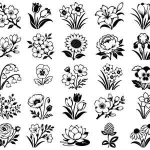 May include: A collection of twenty-five distinct black and white floral illustrations arranged in a five-by-five grid. The set features various botanical designs including sunflowers, tulips, lilies, roses, and pansies, all rendered in high-contrast ink.