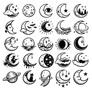 Può includere: Una collezione di illustrazioni di lune a mezzaluna in bianco e nero con vari disegni. Alcune lune presentano stelle, nuvole, volti e altri elementi celesti. Adatto per adesivi, tatuaggi o altri progetti creativi.