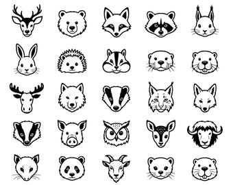 Paquete de imágenes SVG de caras de animales del bosque: 25 iconos únicos de criaturas del bosque, arte con contorno negro intenso, fondo blanco, archivos de corte para Cricut y Silhouette.