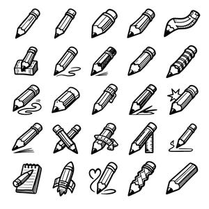 May include: A collection of black and white pencil illustrations. The pencils are depicted in various styles, including sharpened, broken, and with added elements like a notepad, rocket, and measuring tape. The image is a graphic design.