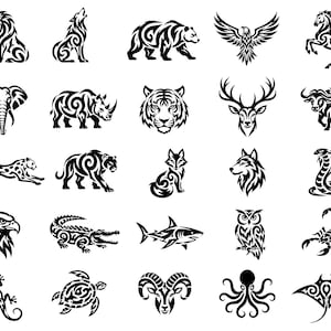 Tribal Animal SVG-ikonpaket – 25 unika etniska djurlivsdesigner, djärv svart konturkonst, ren vit bakgrund, Cricut-silhuett