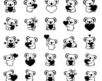 Cute Koala With Heart SVG PNG Bundle – 25 Adorable Black Outline Love Icons, Bold Line Art, White Background, Cricut Silhouette Cut Files