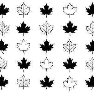 May include: A collection of twenty-five maple leaf illustrations. The leaves alternate between solid black and outlined in black, creating a pattern. The leaves are arranged in five rows of five.