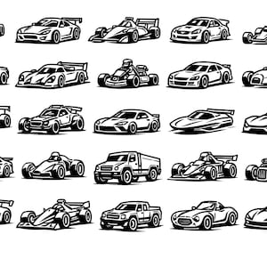 May include: Black and white line art illustration of various race cars and sports cars. The image includes a variety of car styles, such as Formula 1, sports cars, and pickup trucks. The cars are depicted from different angles.