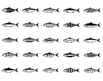 Sardines Fish SVG Icons Bundle – 25 Unique Black Outline Seafood Symbols, Bold Line Art, White Background, Cricut Silhouette Cut Files