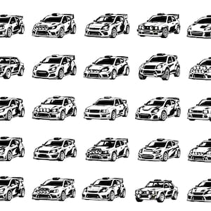 May include: A collection of black and white illustrations of rally cars. Each car is depicted from various angles, showcasing details like spoilers, headlights, and racing modifications. The cars are set against a white background.