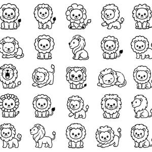May include: A collection of twenty-five black and white line art illustrations featuring various cartoon lions in different poses, including sitting, standing, lying down, and roaring, all rendered with simple outlines and minimal detail.