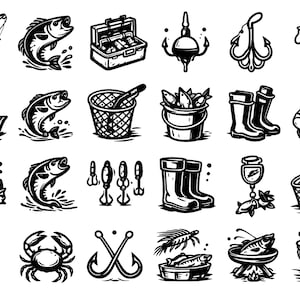 Paquete de iconos SVG de pesca: 24 símbolos de pesca únicos con contorno negro, diseño de líneas gruesas, fondo blanco, archivos de corte para Cricut y Silhouette.