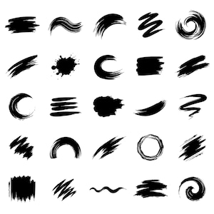 Puede incluir: Una colección de veinticinco trazos de pincel de tinta negra, salpicaduras y marcas circulares dispuestas en una cuadrícula. El conjunto incluye varias texturas como líneas horizontales, patrones ondulados y formas sólidas.