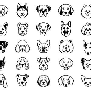 May include: A collection of black and white line art illustrations of various dog breeds. The images include the faces of a Labrador, Husky, Bulldog, Beagle, Pomeranian, Corgi, Terrier, Dalmatian, German Shepherd, Shih Tzu, Rottweiler, Poodle, French Bulldog, Chow Chow, and more.