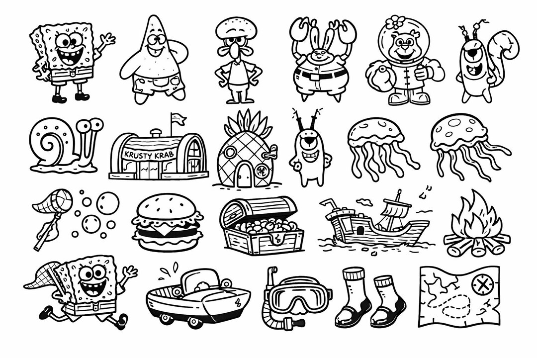 Spongebob Shell Icon Spongebob SVG Bundle – 22 Ultra-unique Bold Black Line Icons, Cartoon ...