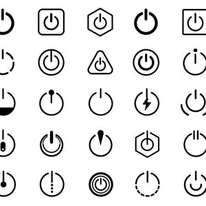 May include: A collection of black and white power button icons in various shapes and styles. The designs include circular, square, and hexagonal outlines, with solid and dashed line variations. The icons represent power on/off symbols.