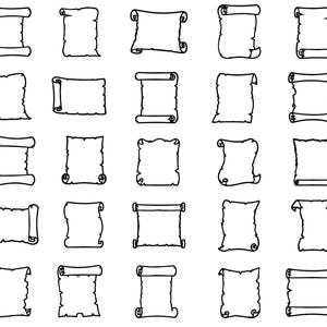 Peut inclure: Une collection de vingt-cinq illustrations au trait noir et blanc représentant des parchemins. Chaque parchemin présente une forme unique, des textures de bord variées et différents styles d'enroulement, présentés en grille.