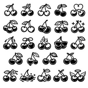 May include: A collection of black and white cherry illustrations. Each cherry design features a stem and leaves, with variations including flowers, hearts, and flames. The cherries are depicted in various styles, suitable for graphic design or decorative use.