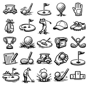 Puede incluir: Ilustraciones en blanco y negro de artículos de golf. Incluye pelotas, palos, un carrito, un guante, una tarjeta de puntuación, un trofeo, una bolsa de golf, una gorra, zapatos y un golfista.