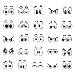 May include: A collection of twenty-five pairs of black and white cartoon eyes arranged in a five-by-five grid. Each pair displays a distinct expression, including wide-eyed, sleepy, angry, heart-shaped pupils, and various eyebrow positions.