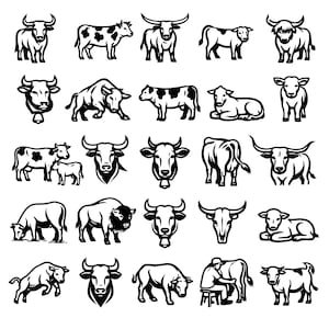 Puede incluir: Una colección de ilustraciones en blanco y negro de varias razas de ganado y imágenes relacionadas. Las imágenes incluyen vistas de cuerpo completo, primeros planos y escenas de vacas, toros y una persona ordeñando una vaca.