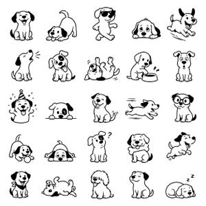 May include: A collection of twenty-five black and white line art illustrations featuring cartoon puppies in various poses, including running, sleeping, playing, wearing party hats or glasses, and expressing different emotions in a grid layout.