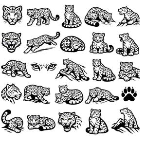May include: A collection of black and white illustrations of leopards in various poses. The images include full body views, faces, and a paw print. The leopards are depicted sitting, walking, and resting, with detailed spots.