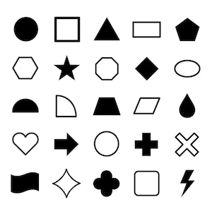 May include: A collection of black and white geometric shapes and symbols. Includes circles, squares, triangles, stars, hearts, arrows, and more. Ideal for graphic design or educational purposes.