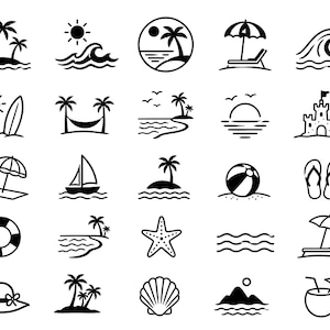 Op de afbeelding: Een verzameling zwart-witte lijntekening-iconen die verschillende strand- en zomerthema's uitbeelden. Iconen omvatten palmbomen, golven, zon, strandparasol, zeilboot, zandkasteel, zeester en meer. Perfect voor zomerse ontwerpen.