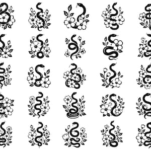 Puede incluir: Una colección de veinticinco ilustraciones gráficas en blanco y negro, cada una con una serpiente entrelazada con diversos arreglos florales, hojas y flores, presentadas en una cuadrícula sobre un fondo blanco liso.