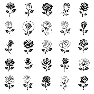 Enkelros SVG-paket – 25 unika svarta konturblomikoner, fet linjeteckning, vit bakgrund, Cricut-silhuettklippfiler, Dxf, Eps, Png