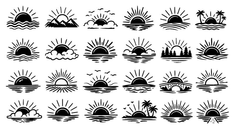 Sun Rise Dxf Sunrise SVG Icons Bundle – 24 Unique Black Outline Dawn Horizon Line ...
