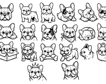 Paquete SVG de Bulldog Francés: 20 íconos únicos de bulldog francés, clipart de contorno de perro con líneas negras en negrita, archivos de corte de silueta de Cricut, fondo blanco