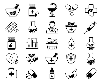 Paquete de iconos SVG de farmacia: 25 símbolos médicos únicos con contornos definidos, arte lineal en negrita, fondo blanco, imágenes prediseñadas de boticario, Cricut Silhouette