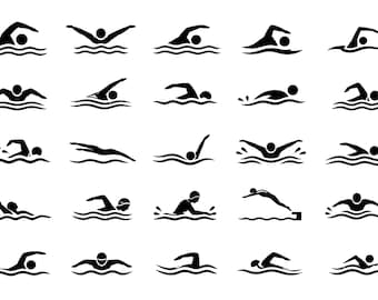 Paquete de iconos SVG de nadadores: 25 símbolos únicos de atletas nadadores con contorno, arte lineal en negrita, fondo blanco, Cricut Silhouette, DXF, PNG, EPS
