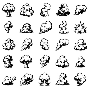 May include: A collection of black and white illustrations of various cloud and smoke shapes. The designs include puffy clouds, swirling smoke trails, and explosion effects, suitable for graphic design or comic art.