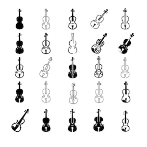 May include: A collection of twenty-five black and white icons arranged in a five-by-five grid, each depicting a violin in various styles, orientations, and levels of detail, ranging from solid silhouettes to outlined sketches and stylized graphic forms.