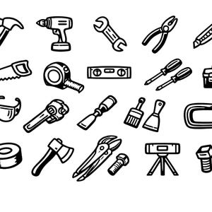 Op de afbeelding: Zwart-wit illustratie van diverse gereedschappen. Inclusief hamer, boormachine, moersleutel, tang, afbreekmes, zaag, rolmaat, waterpas, schroevendraaiers, gereedschapskist, veiligheidsbril en meer. Perfect voor een bouw- of doe-het-zelf thema.