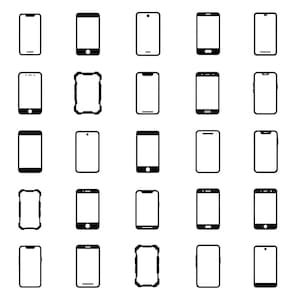May include: A collection of twenty-five black and white smartphone icons arranged in a five-by-five grid. Each icon features a distinct rectangular mobile device silhouette with varying screen notches, home buttons, and frame designs in a flat style.