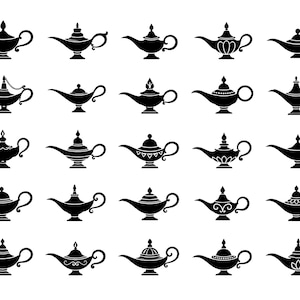 Magisk lampa SVG-ikonpaket – 25 unika Genie Lantern-symboler, illustrationer med ren svart kontur, samling av djärva linjekonster, vit bakgrund